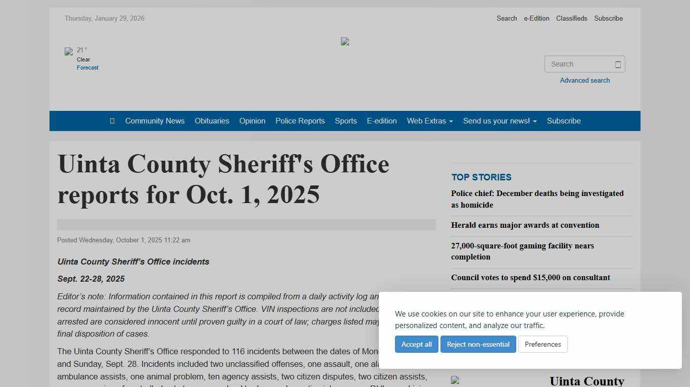 Uinta County Sheriff's Office reports for Oct. 1, 2025 - Uinta County Herald